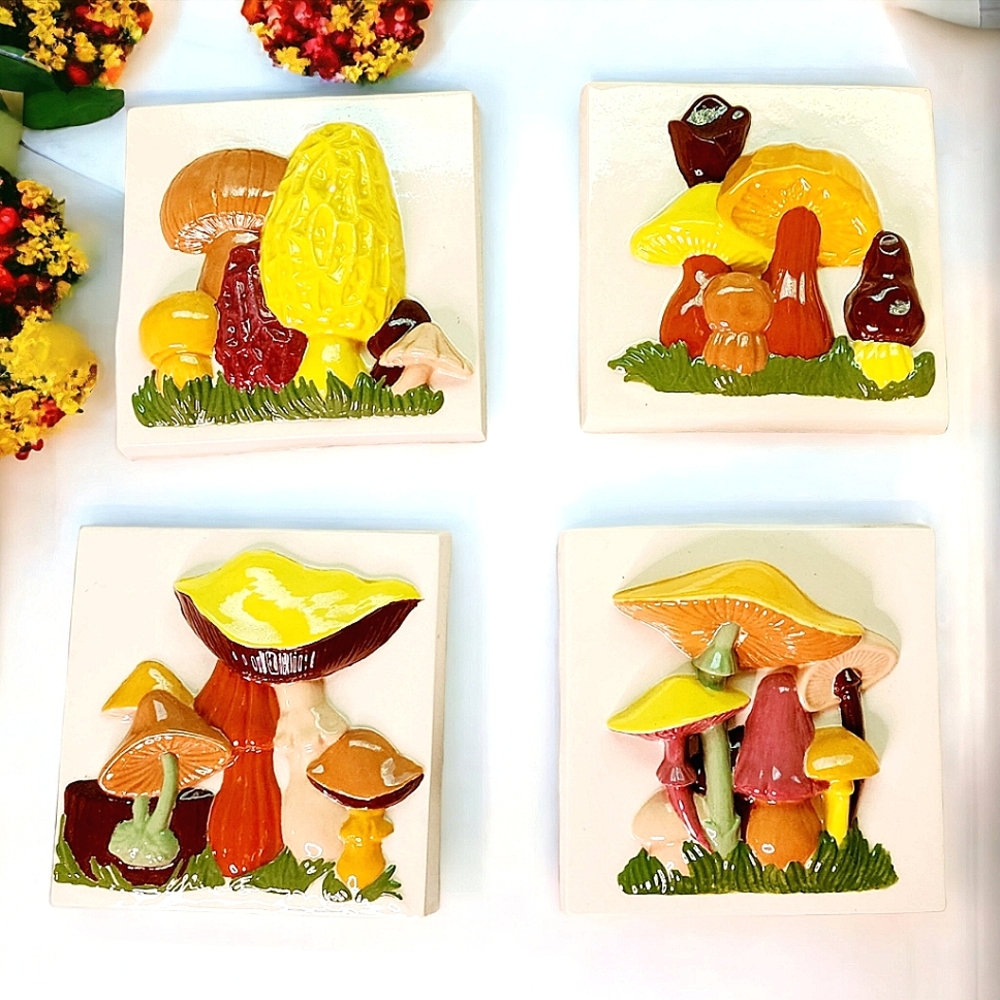 Set of 4 vintage hand painted ceramic mushroom plaques